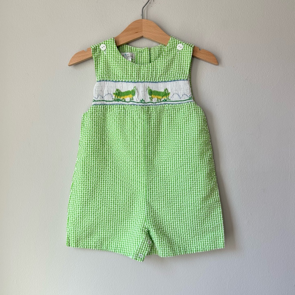 Petit Ami Green Smocked Seersucker Jon Jon Embroidered Grasshoppers Size 18M